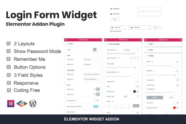 Formulaire de connexion Widget Elementor Addon Plugiciels