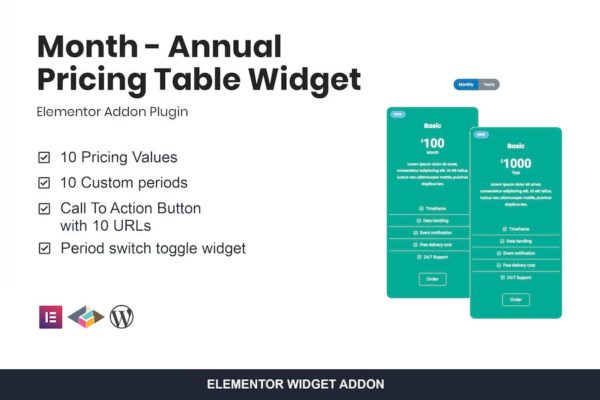 Widget de tableau de prix Annuel pour Elementor Mois